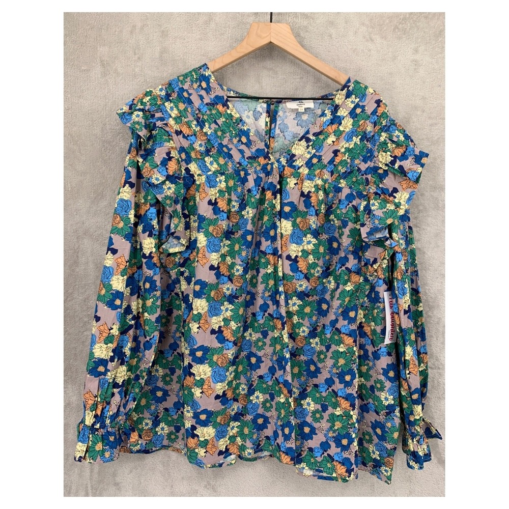 Entro‎ Shirt Womens 2X Blue Floral Ruffle Cotton Boho Blouse Spring Summer NEW
